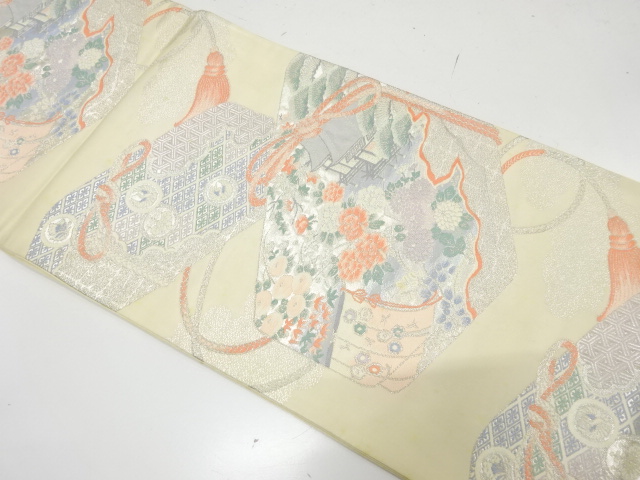 JAPANESE KIMONO / ANTIQUE FUKURO OBI / SILK / WOVEN SCENERY OF MANSION